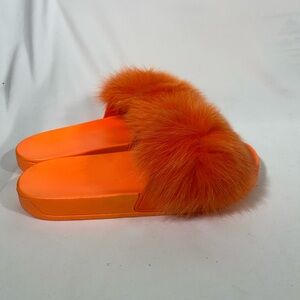 Faux Fur Women's‎ Slip On Fuzzy Slides Comfort Vibrant Orange SZ 9 EU 44